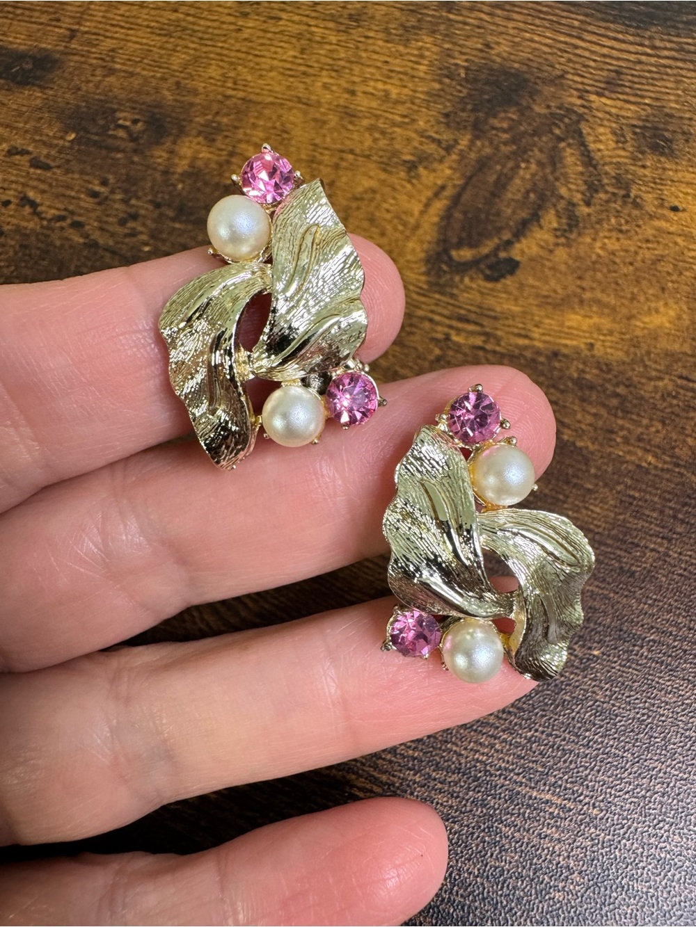 Vintage Gold-Tone Floral Clip-On Earrings with Pink Crystals & Pearls